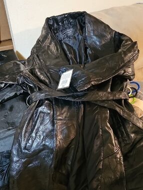 Genuine Leather Black Trench Coat with Self-Tie Belt